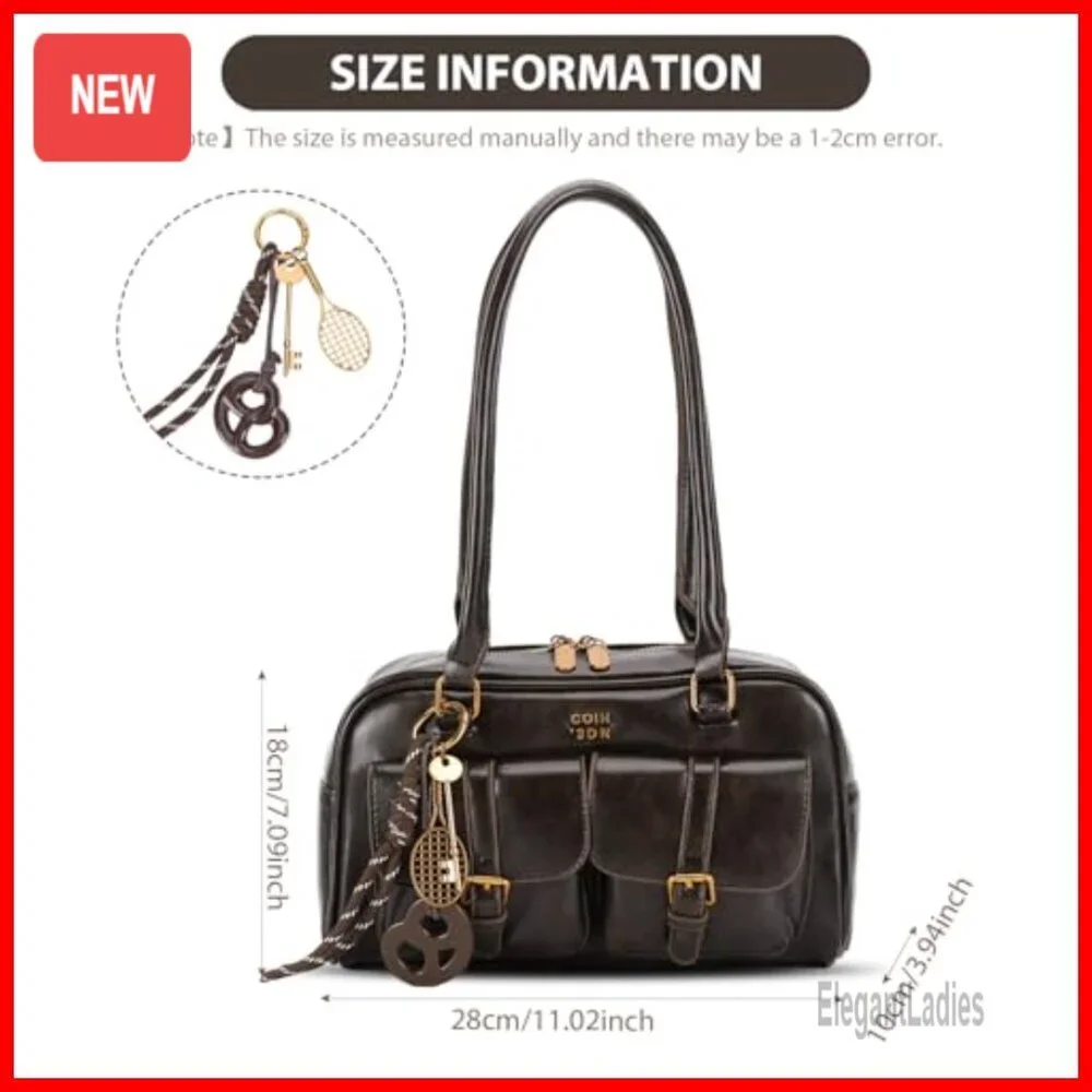 Retro Y2K Shoulder Bag with Multiple Pockets, PU Leather, Top Handle